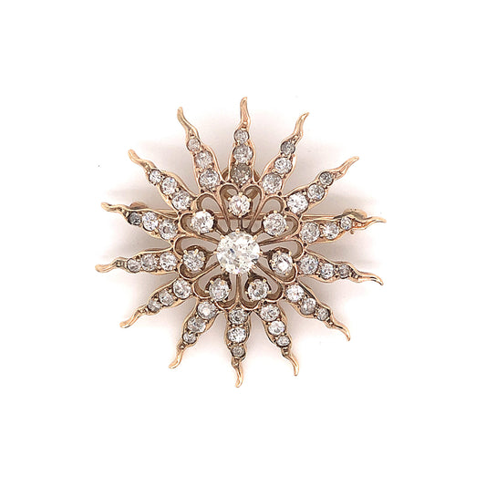 Victorian Diamond Sun Brooch Pendant in 14k Yellow Gold