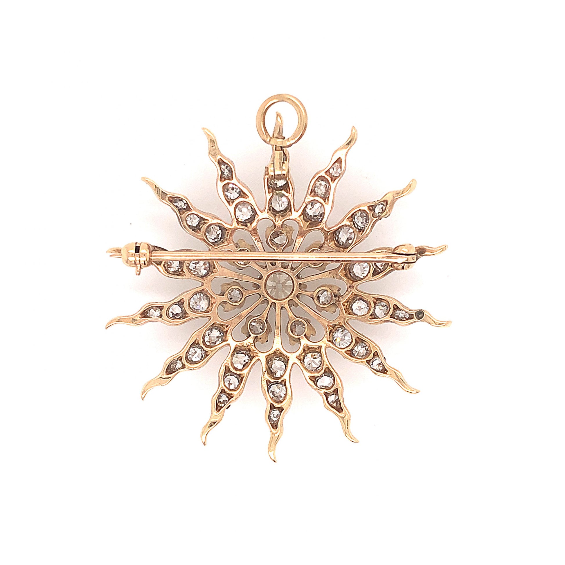 Victorian Diamond Sun Brooch Pendant in 14k Yellow Gold