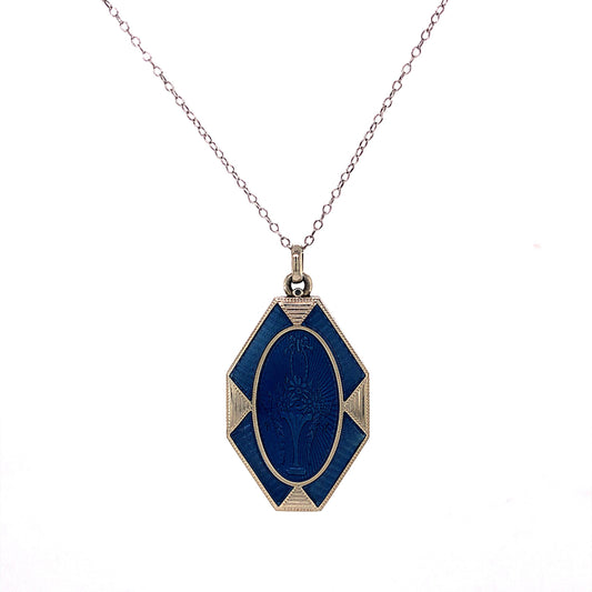 Art Deco Blue Enamel Locket Necklace in 18k White Gold