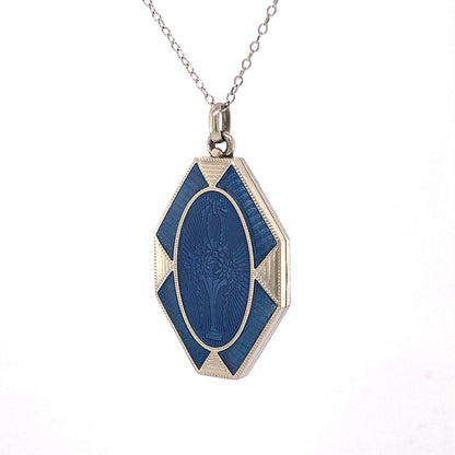 Art Deco Blue Enamel Locket Necklace in 18k White Gold