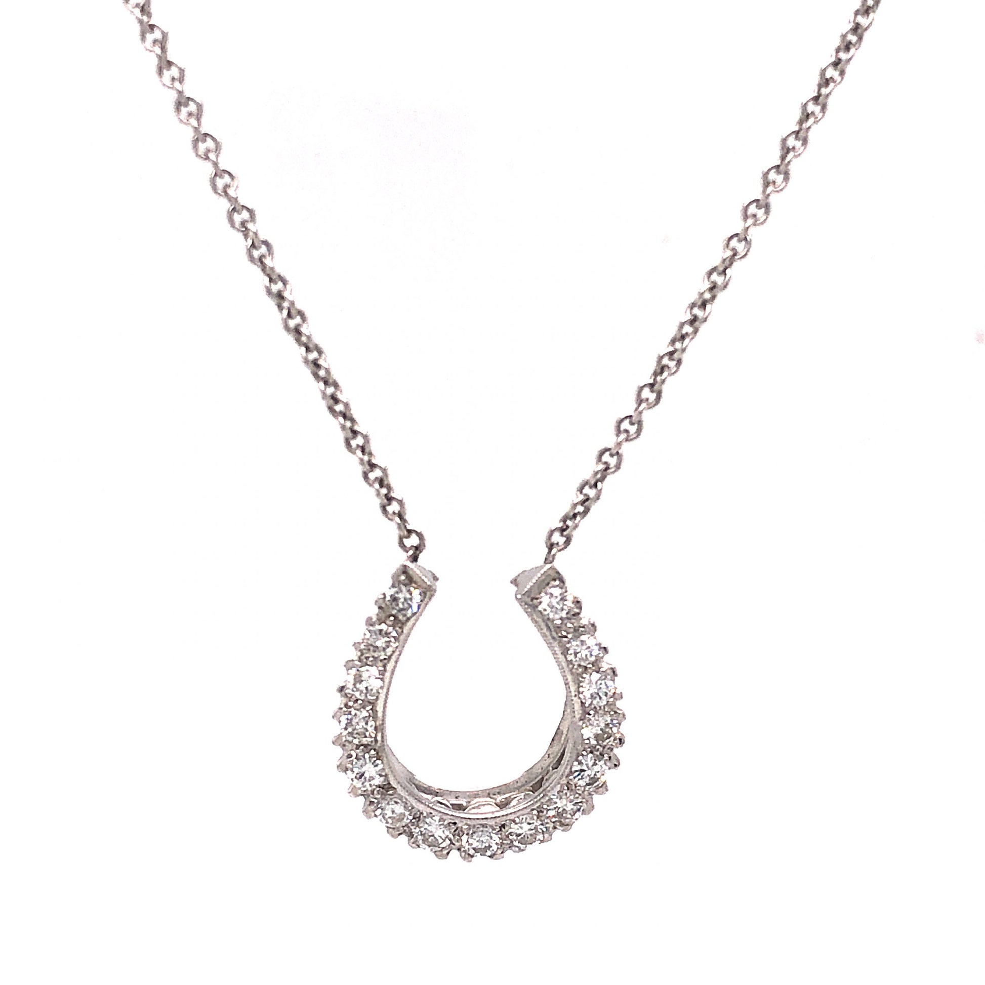 Diamond Lucky Horseshoe Pendant Necklace in 14k White GoldComposition: 14 Karat White GoldTotal Diamond Weight: .50 ctInscription: 585
