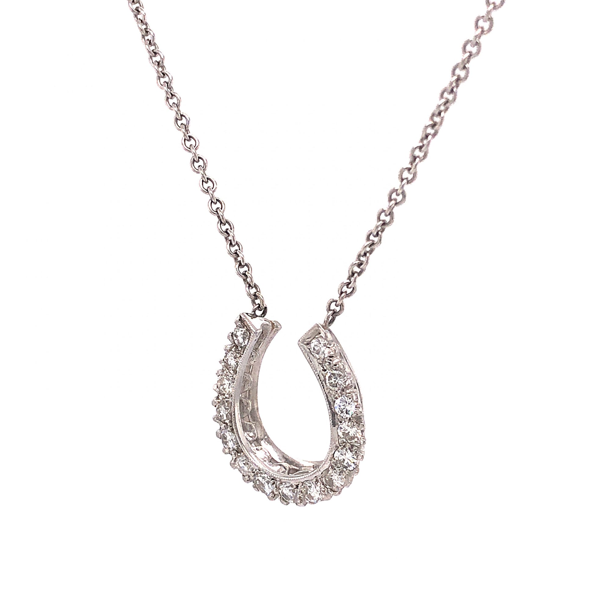 Diamond Lucky Horseshoe Pendant Necklace in 14k White GoldComposition: 14 Karat White GoldTotal Diamond Weight: .50 ctInscription: 585