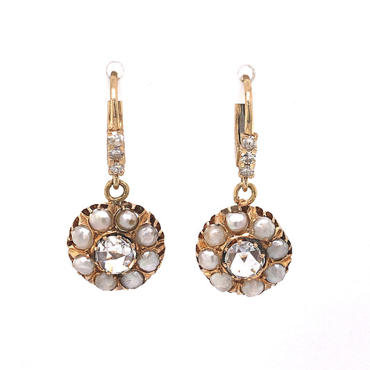 Victorian Pearl Halo Diamond Drop Earrings in 14k Yellow Gold