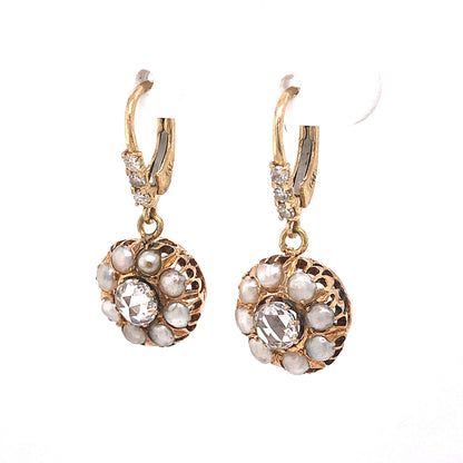 Victorian Pearl Halo Diamond Drop Earrings in 14k Yellow Gold