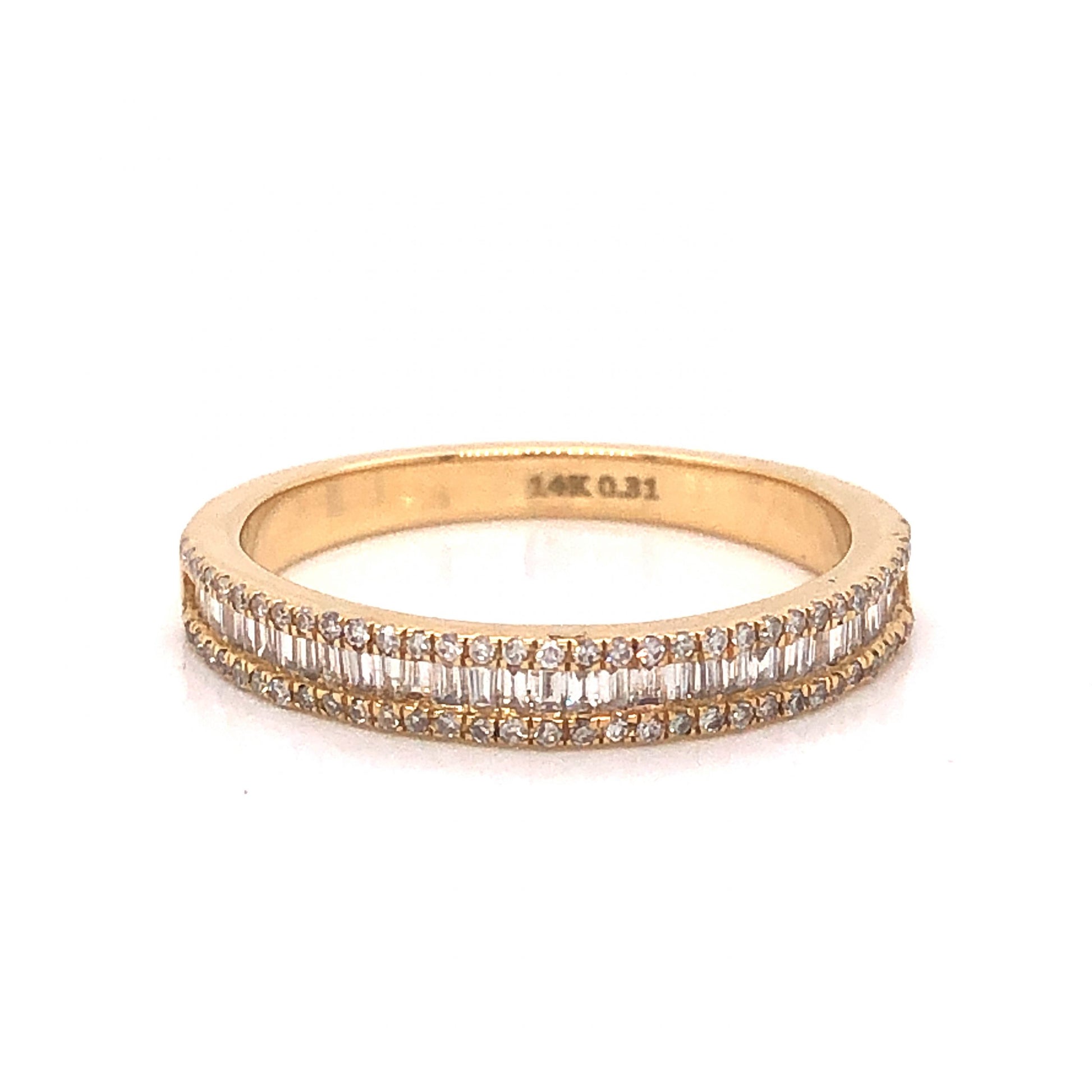 Baguette & Round Pave Diamond Band in 14k Yellow GoldComposition: 14 Karat Yellow GoldRing Size: 6Total Diamond Weight: .31 ctTotal Gram Weight: 2.2 gInscription: 14k 0.31