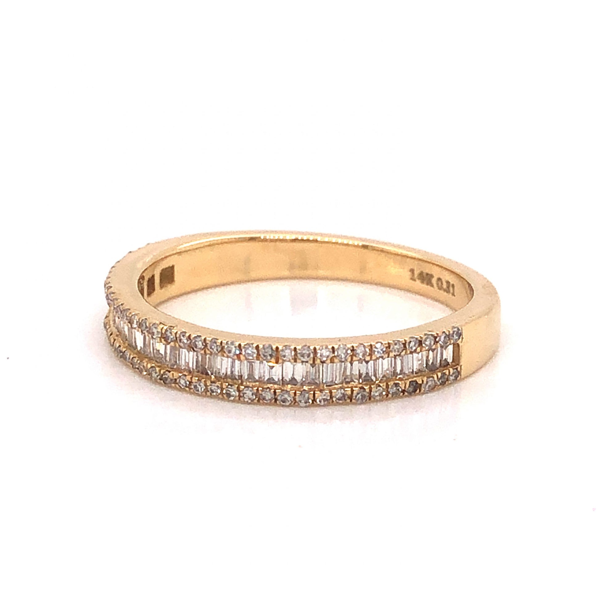 Baguette & Round Pave Diamond Band in 14k Yellow GoldComposition: 14 Karat Yellow GoldRing Size: 6Total Diamond Weight: .31 ctTotal Gram Weight: 2.2 gInscription: 14k 0.31