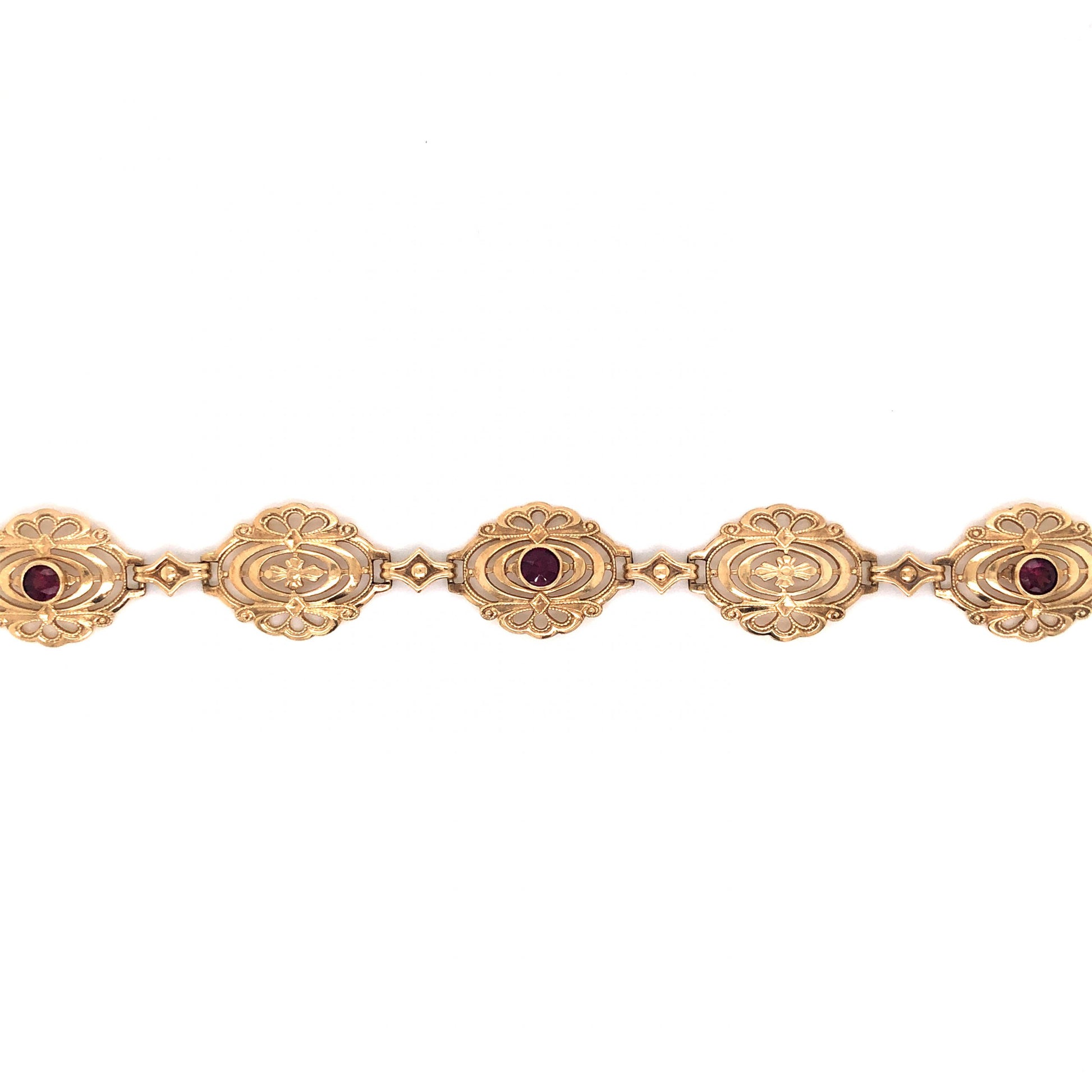 Mid-Century Decorative Ruby Bracelet in 14k Yellow GoldComposition: 14 Karat Yellow Gold Total Gram Weight: 7.5 g Inscription: 14K
      