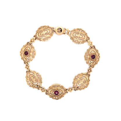 Mid-Century Decorative Ruby Bracelet in 14k Yellow Gold