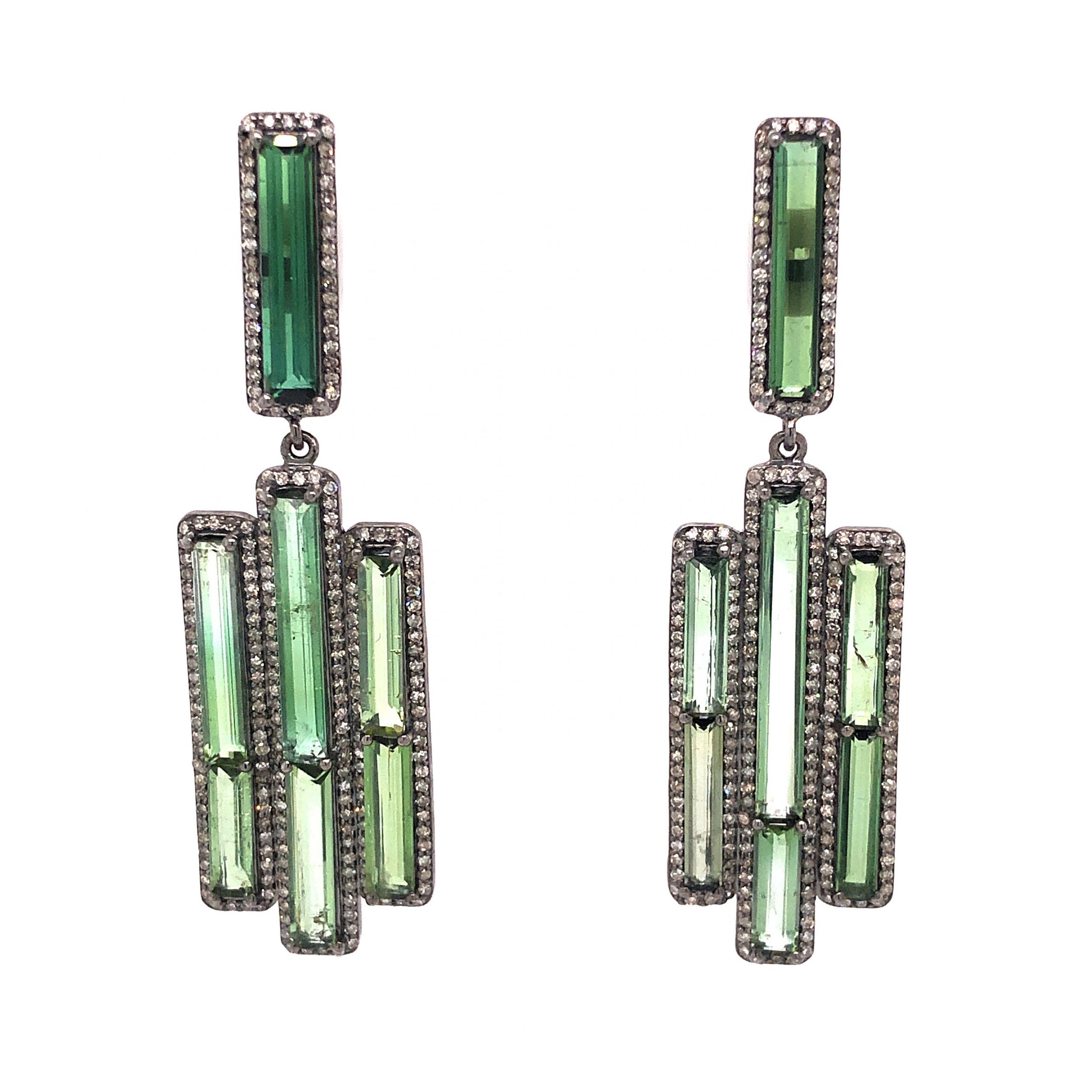 Green Tourmaline Pave Diamond Drop Earrings in Sterling Silver