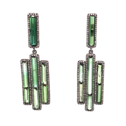 ***ON HOLD***Green Tourmaline & Pave Diamond Drop Earrings in Sterling Silver