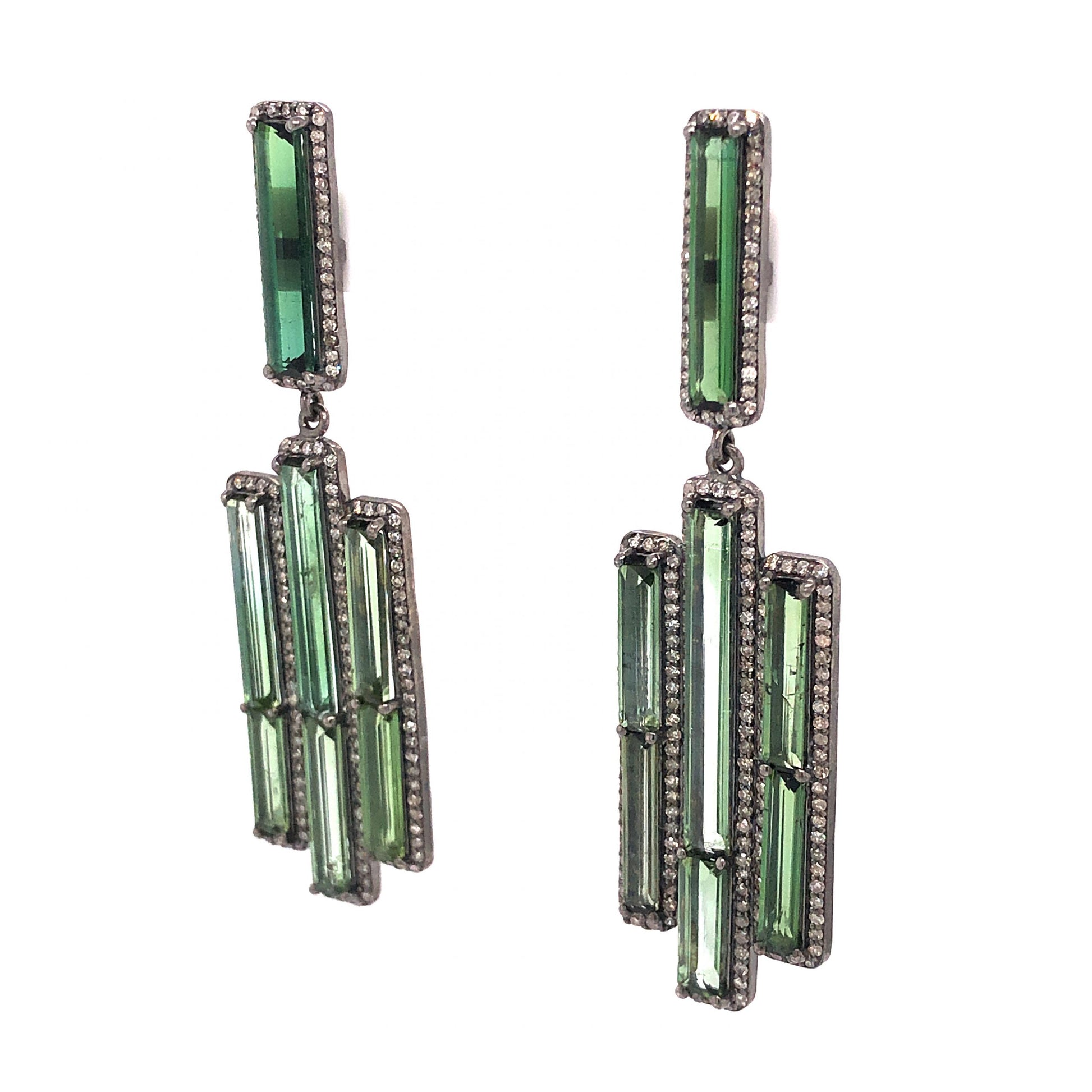 Green Tourmaline & Pave Diamond Drop Earrings in Sterling SilverComposition: Sterling Silver/14 Karat Yellow GoldTotal Diamond Weight: 1.38 ctTotal Gram Weight: 15.2 g