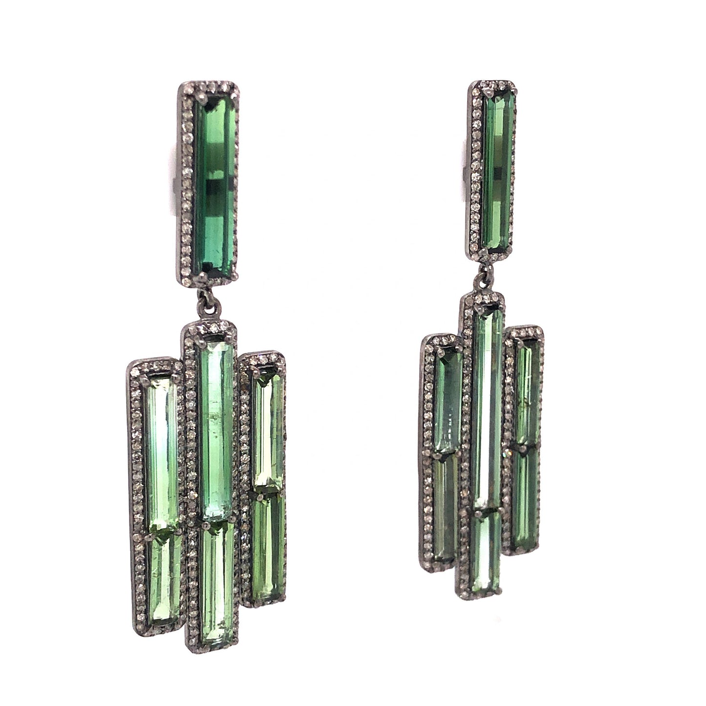 Green Tourmaline & Pave Diamond Drop Earrings in Sterling Silver