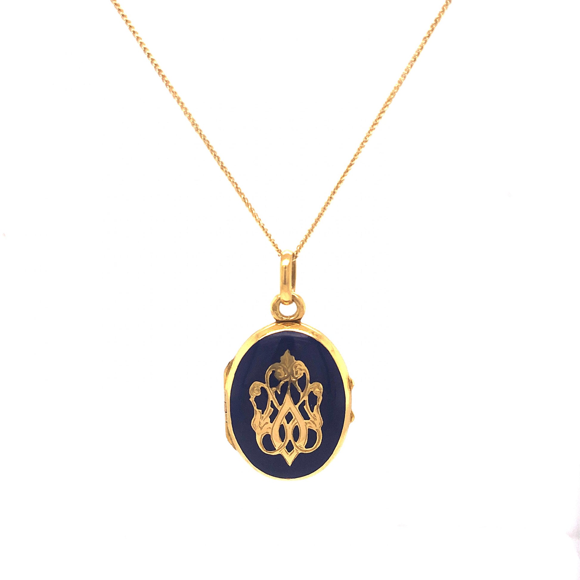 Blue Enamel Victorian Locket Necklace in 18k Yellow Gold