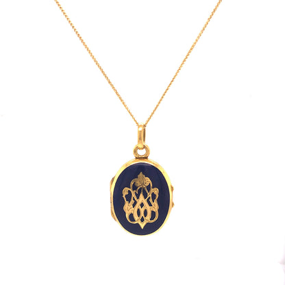 Blue Enamel Victorian Locket Necklace in 18k Yellow Gold