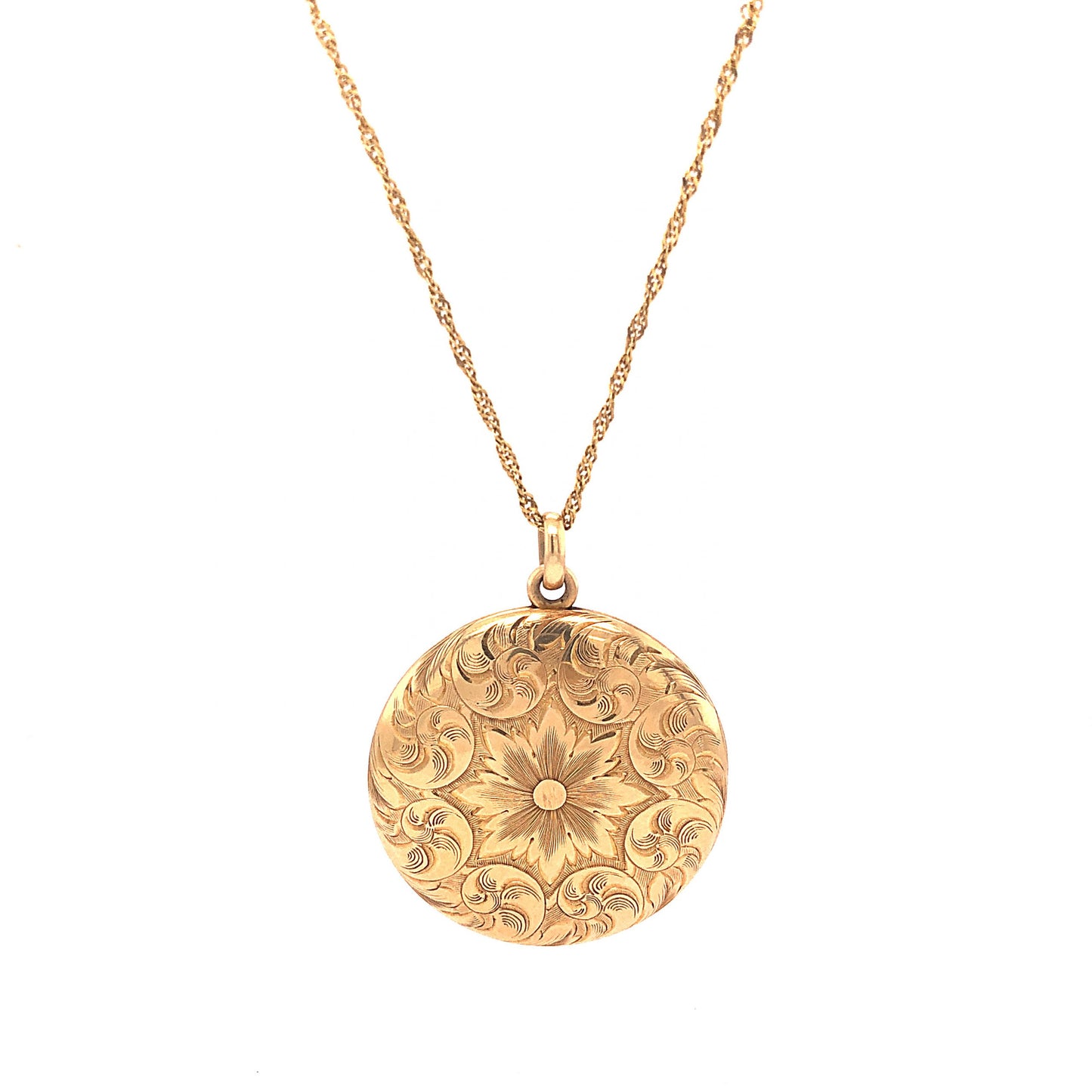 Victorian Engraved Round Locket Necklace in 14k Yellow Gold