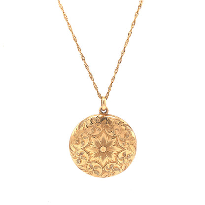 Victorian Engraved Round Locket Necklace in 14k Yellow Gold