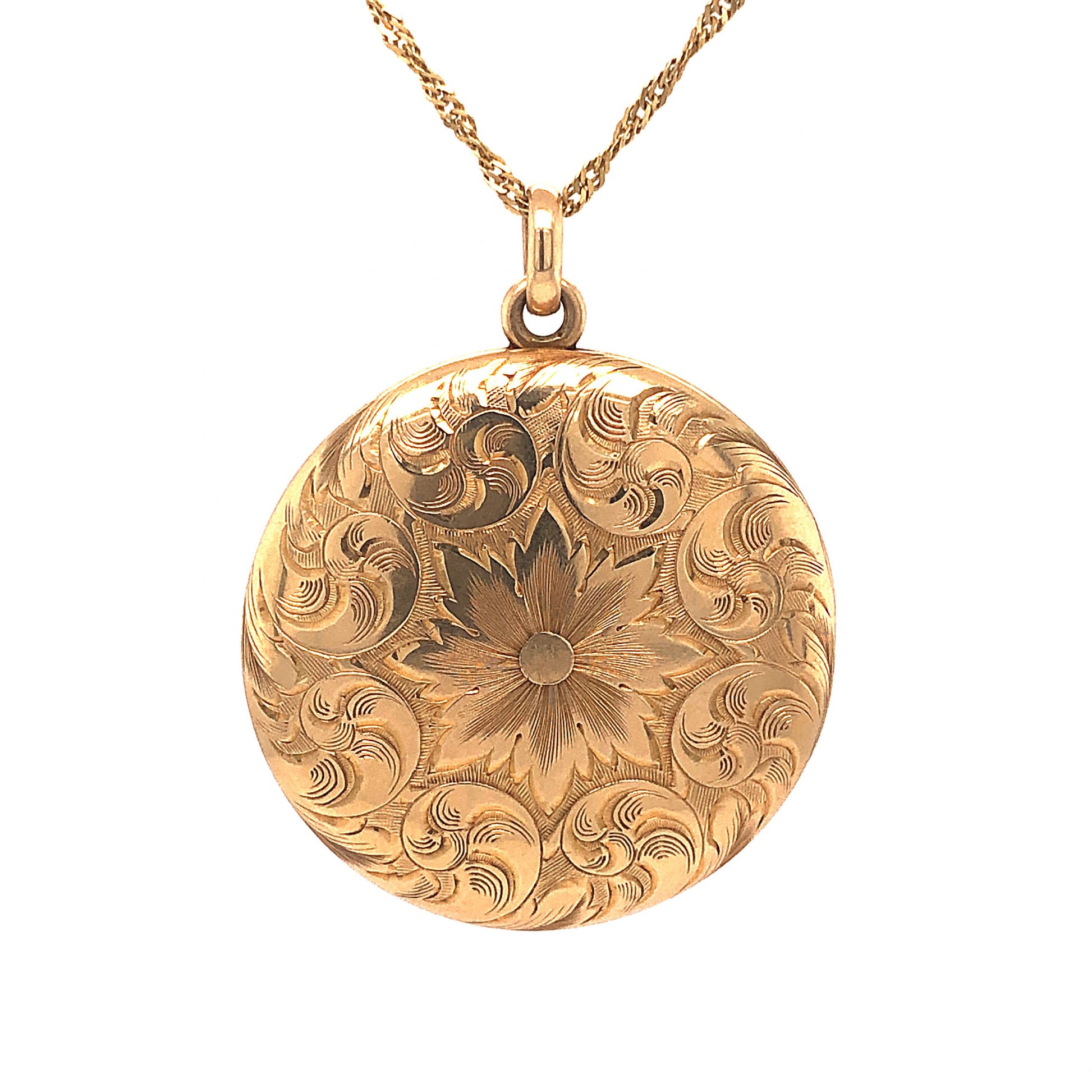 Victorian Engraved Round Locket Necklace in 14k Yellow GoldComposition: 14 Karat Yellow Gold Total Gram Weight: 16.3 g Inscription: 14k, From Business Associates Smith Premier Typewriter Co to Amy 31 - 1910 Chicago
      