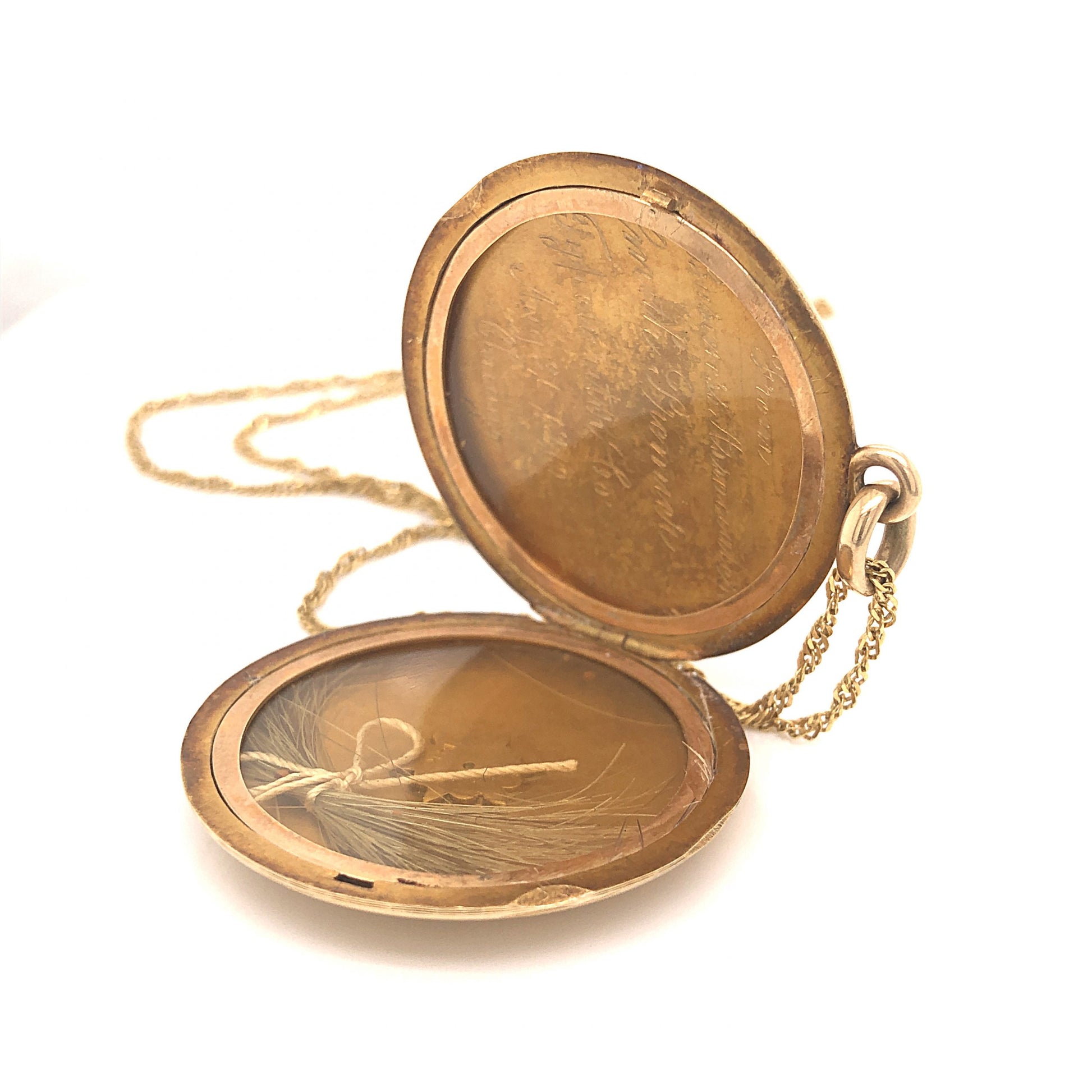 Victorian Engraved Round Locket Necklace in 14k Yellow GoldComposition: 14 Karat Yellow Gold Total Gram Weight: 16.3 g Inscription: 14k, From Business Associates Smith Premier Typewriter Co to Amy 31 - 1910 Chicago
      