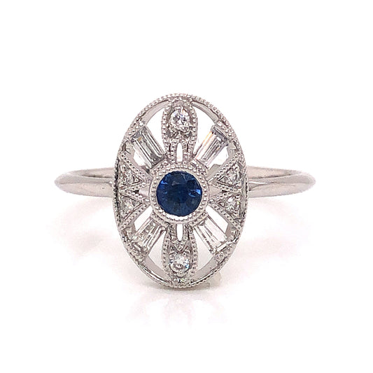 Art Deco Inspired Sapphire & Diamond Ring in 18k White Gold