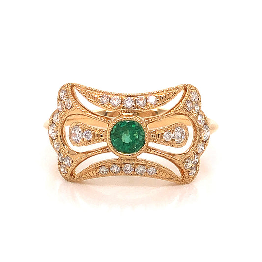 Art Deco Inspired Emerald & Diamond Ring in 18k Yellow Gold