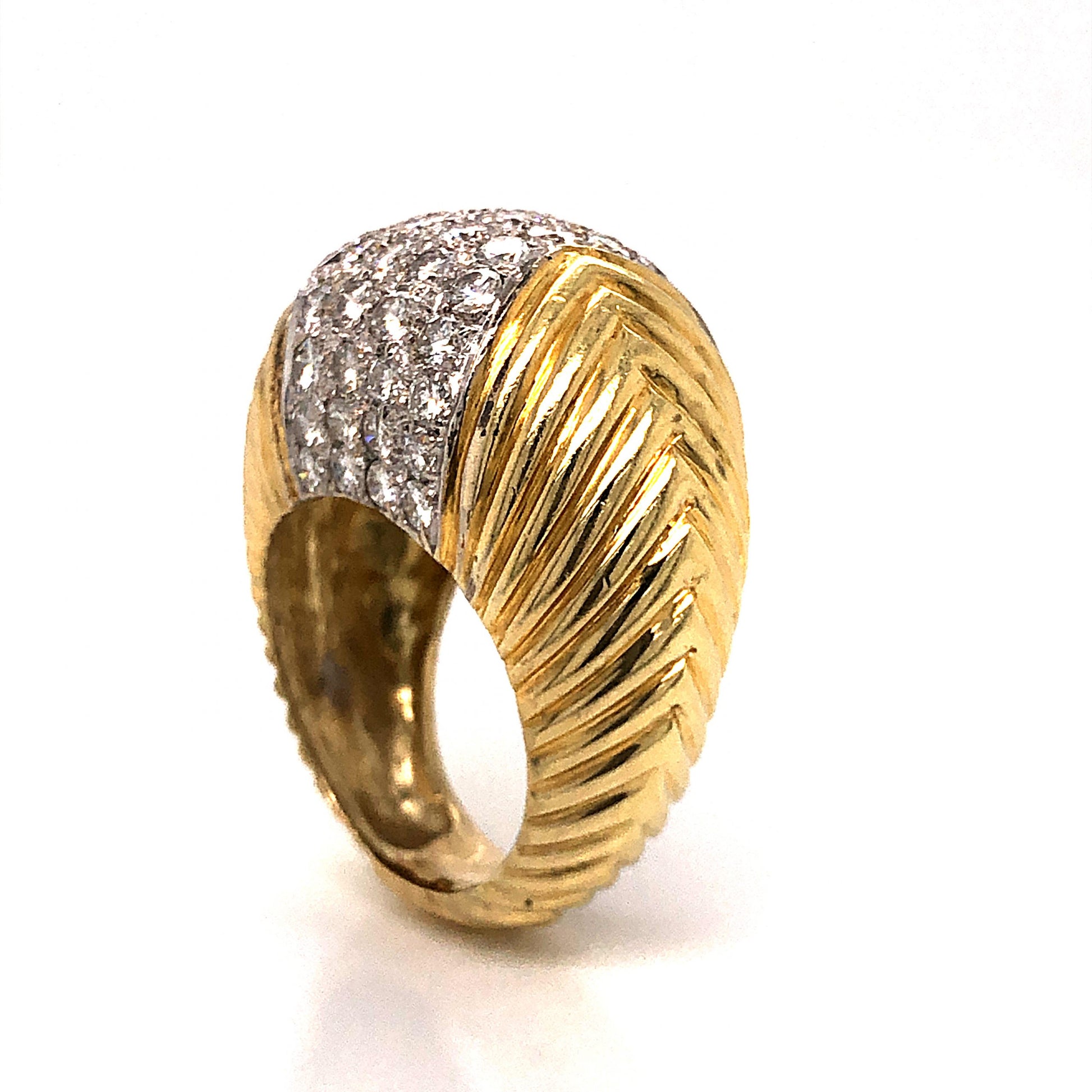 Textured Pave Diamond Cocktail Ring 18k Yellow GoldComposition: 18 Karat White Gold/18 Karat Yellow Gold Ring Size: 8.75 Total Diamond Weight: 3.30ct Total Gram Weight: 25.75 g