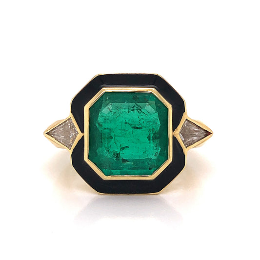 Emerald & Onyx Cocktail Ring in 18k Yellow Gold