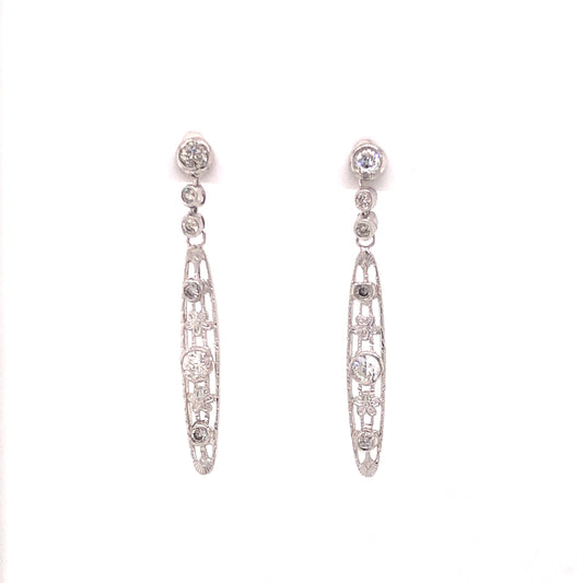 .60 Art Deco Filigree Diamond Drop Earrings in Platinum