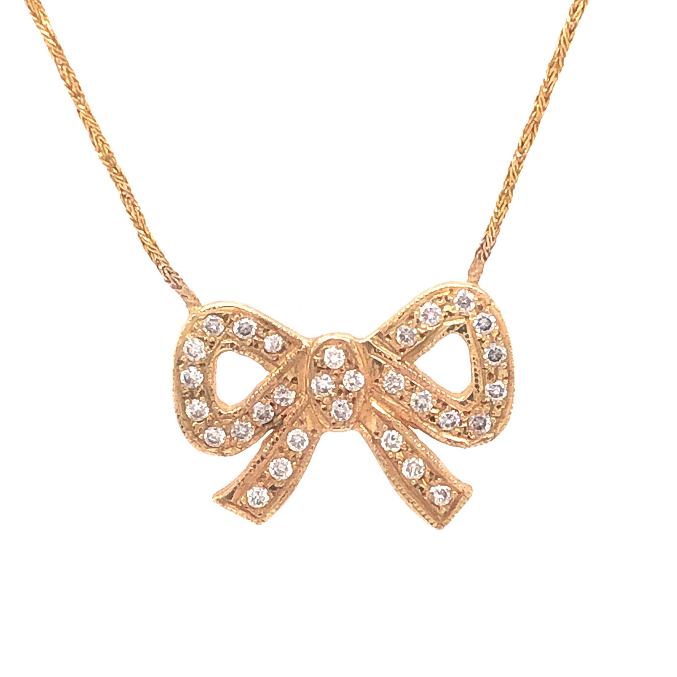 Diamond Bow Pendant Necklace in 10K Yellow Gold Filigree Jewelers