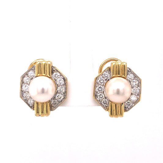 Badler Pearl & Diamond Earrings in 18k Yellow Gold