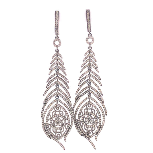 Pave Diamond Feather Earrings in Sterling Silver