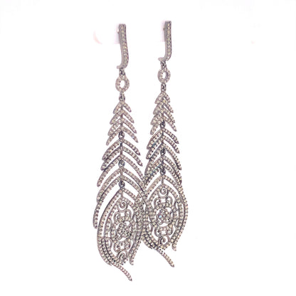 Pave Diamond Feather Earrings in Sterling Silver