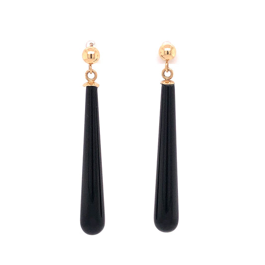 Mid-Century Onyx Drop Earrings 14k Yellow Gold