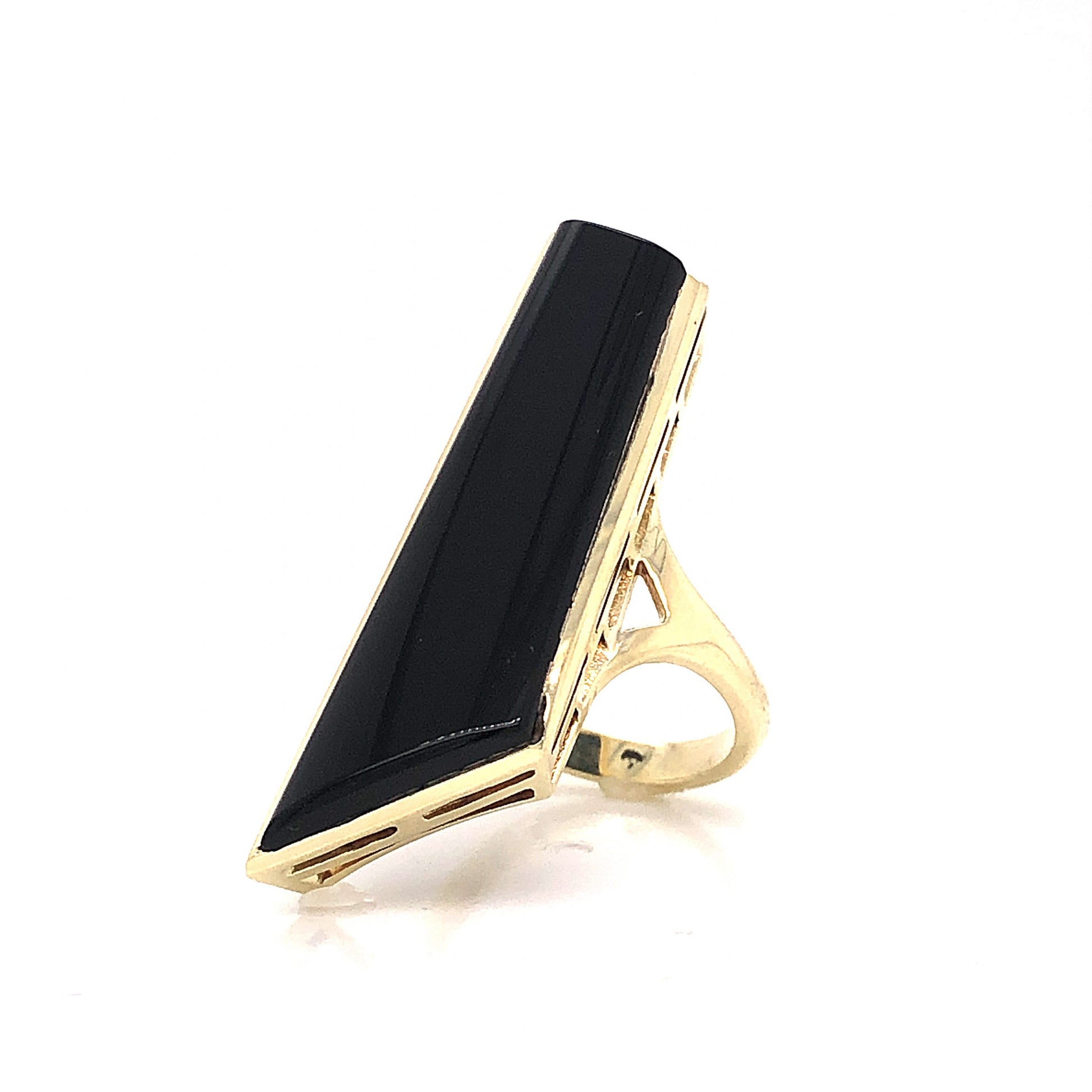 Mid-Century Onyx Shield Cocktail Ring 14k Yellow GoldComposition: 14 Karat Yellow GoldRing Size: 6.25Total Gram Weight: 9.2 gInscription: 14k
