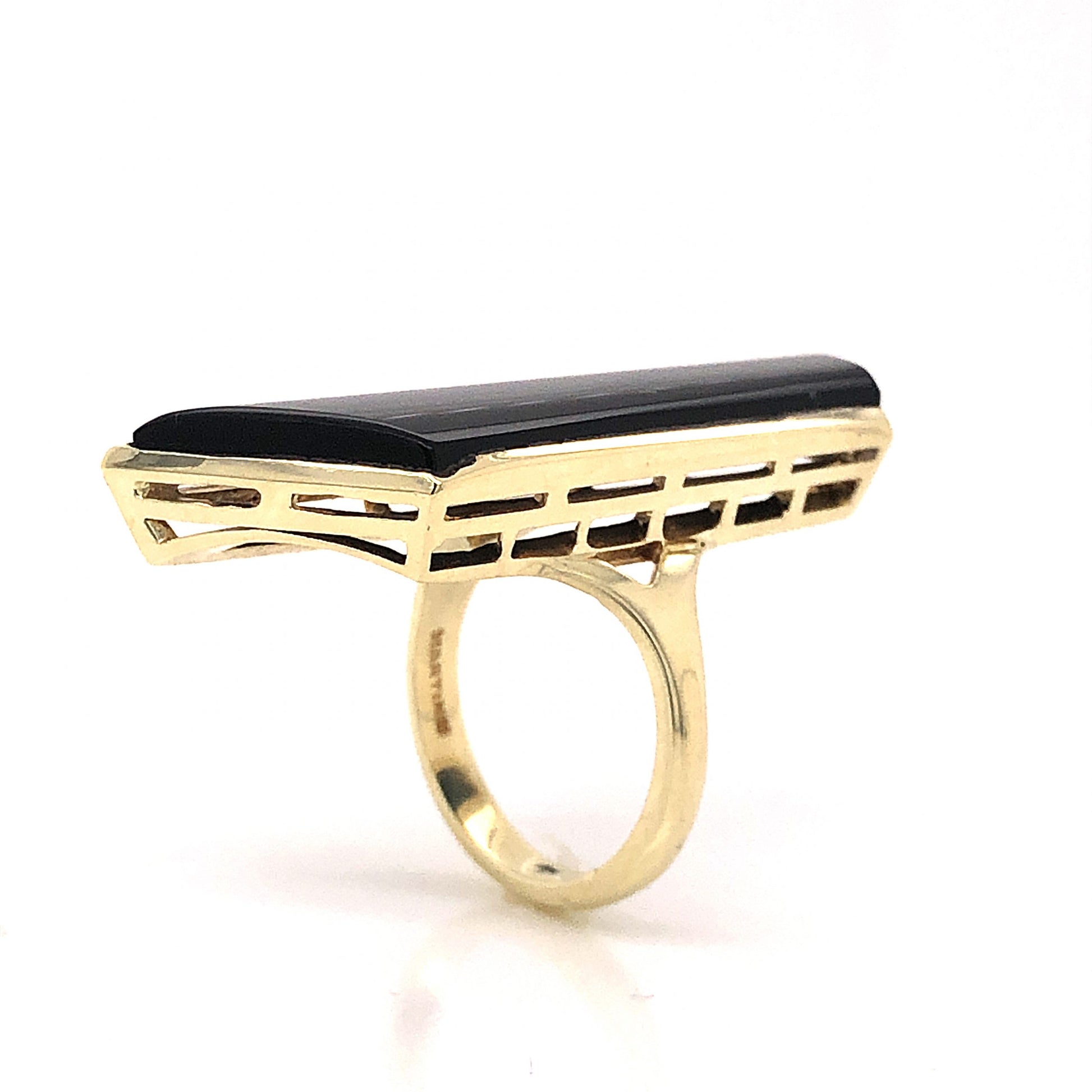 Mid-Century Onyx Shield Cocktail Ring 14k Yellow GoldComposition: 14 Karat Yellow GoldRing Size: 6.25Total Gram Weight: 9.2 gInscription: 14k
