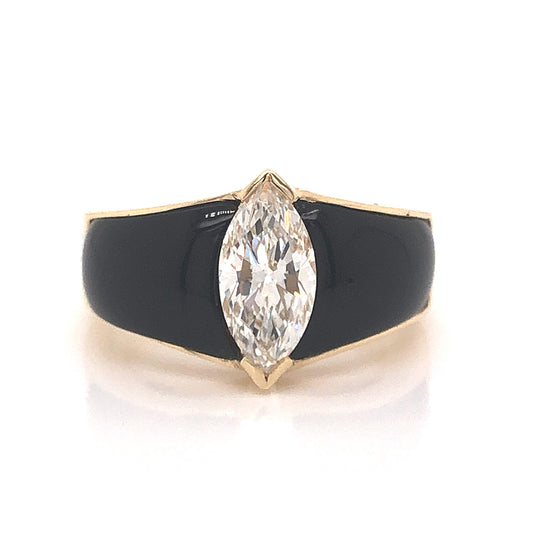 Marquise Diamond & Onyx Cocktail Ring in 14k Yellow Gold