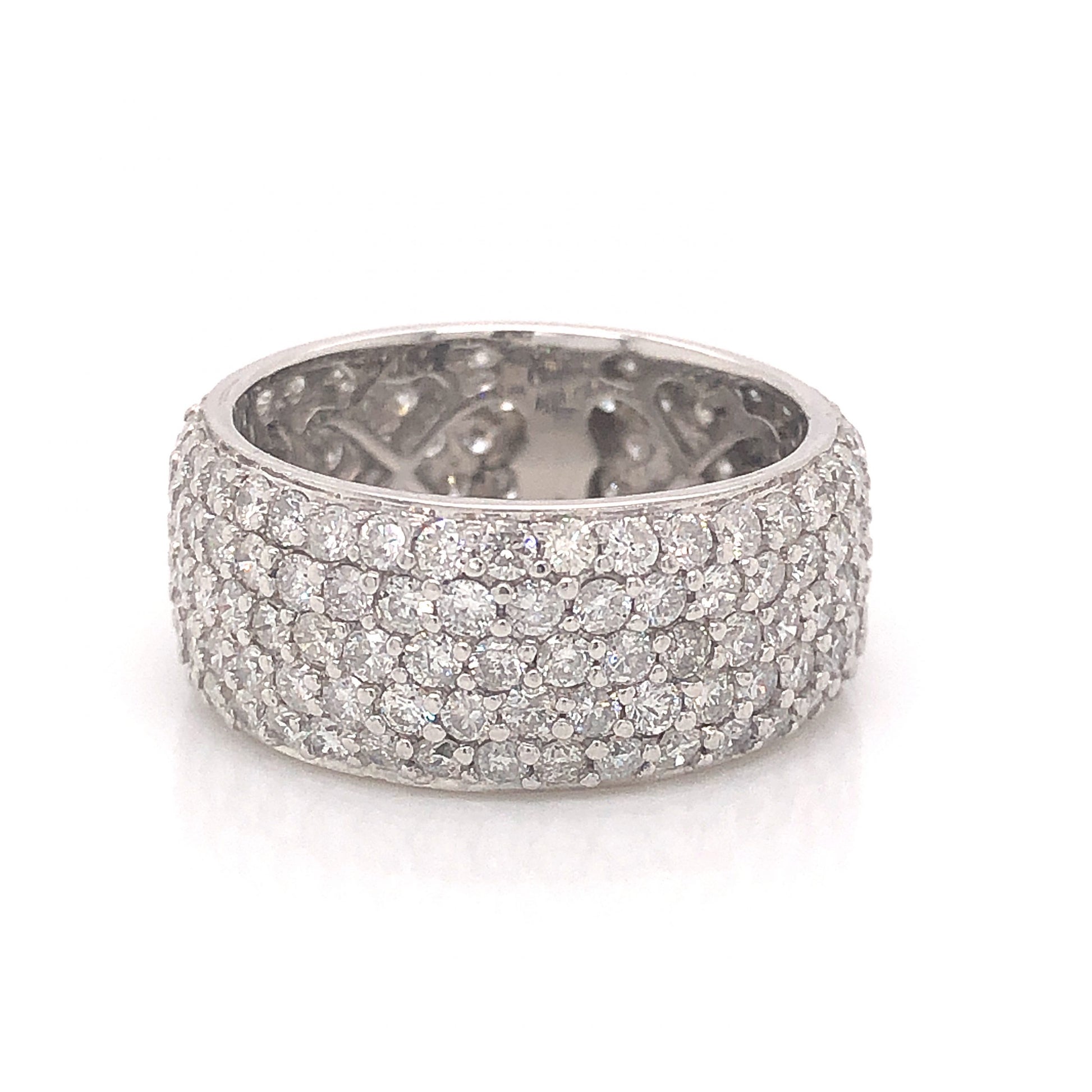 Pave Diamond Eternity Ring in 18k White GoldComposition: 18 Karat White GoldRing Size: 7Total Diamond Weight: 3.75 ctTotal Gram Weight: 6.8 gInscription: WLC 750 18K
