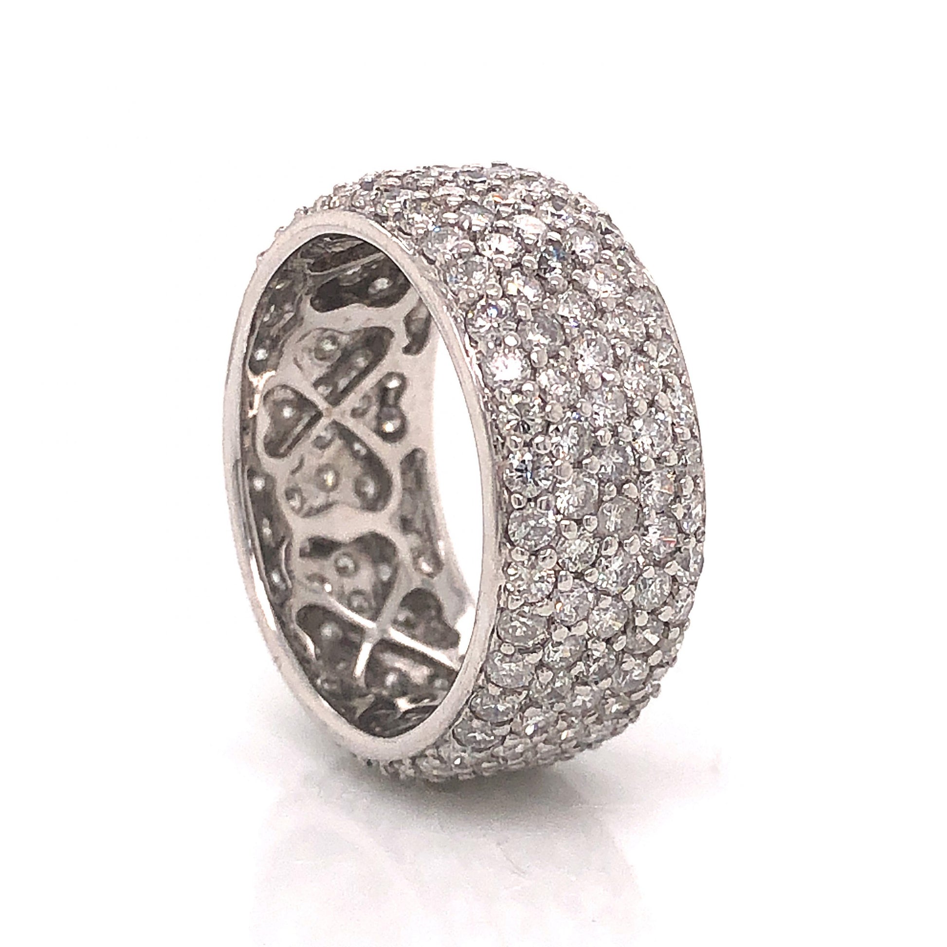 Pave Diamond Eternity Ring in 18k White GoldComposition: 18 Karat White GoldRing Size: 7Total Diamond Weight: 3.75 ctTotal Gram Weight: 6.8 gInscription: WLC 750 18K