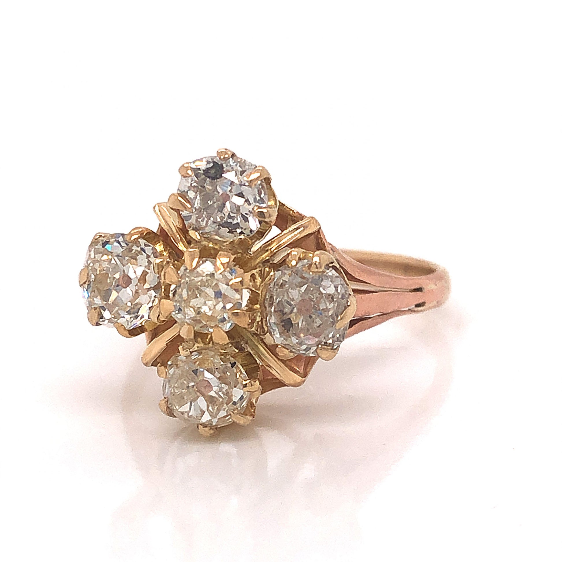 Victorian Five Diamond Cluster Ring in 14k Yellow GoldComposition: 14 Karat Yellow Gold/14 Karat Rose Gold Ring Size: 8 Total Diamond Weight: 2.45ct Total Gram Weight: 5.4 g