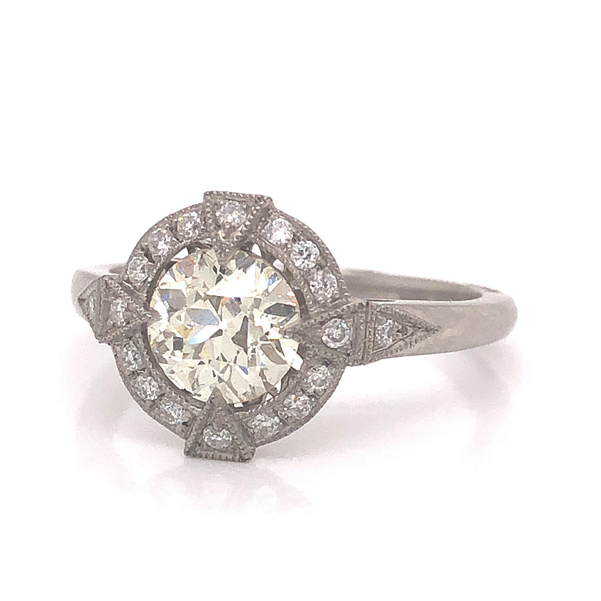 Geometric Antique Inspired Diamond Engagement Ring in PlatinumComposition: Platinum Ring Size: 6.5 Total Diamond Weight: 1.18ct Total Gram Weight: 4.4 g Inscription: Plat Sophia D.
      