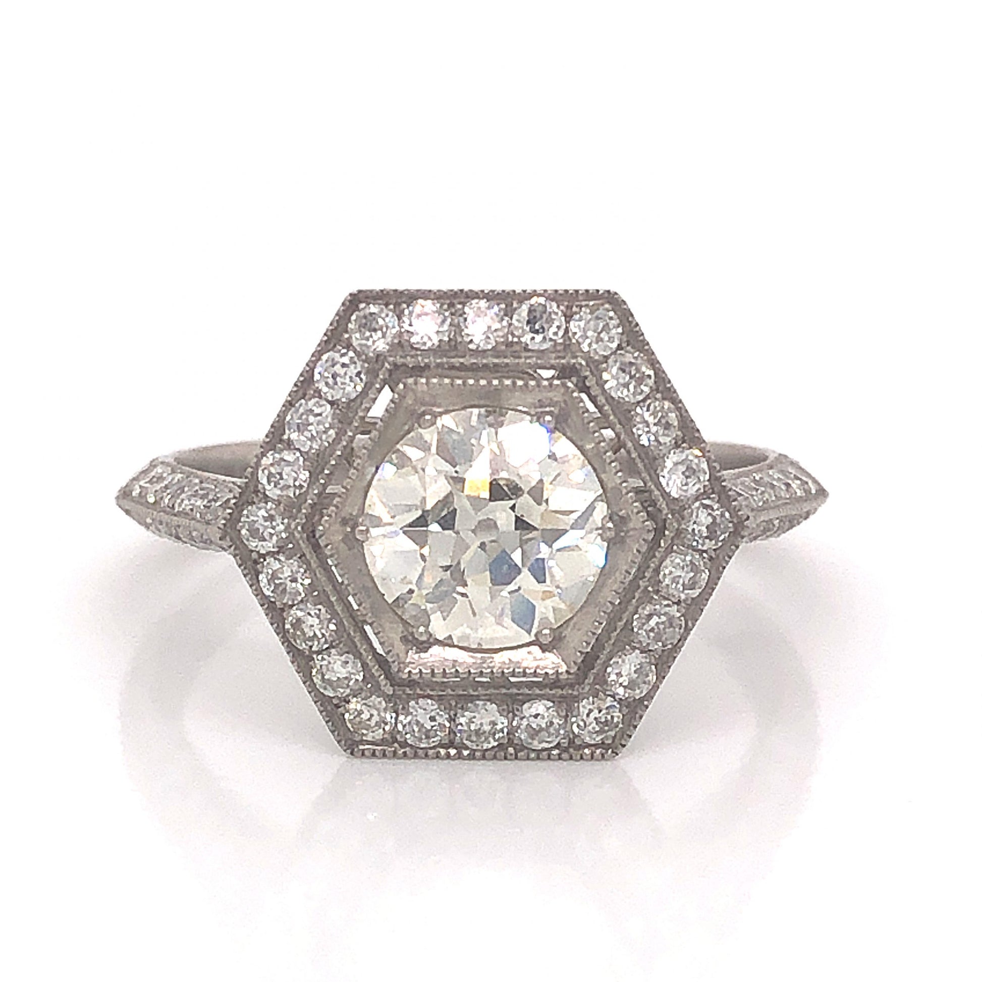 Hexagon Antique Inspired Diamond Engagement Ring in PlatinumComposition: Platinum Ring Size: 6.5 Total Diamond Weight: 1.44ct Total Gram Weight: 4.1 g Inscription: Plat Sophia D.
      