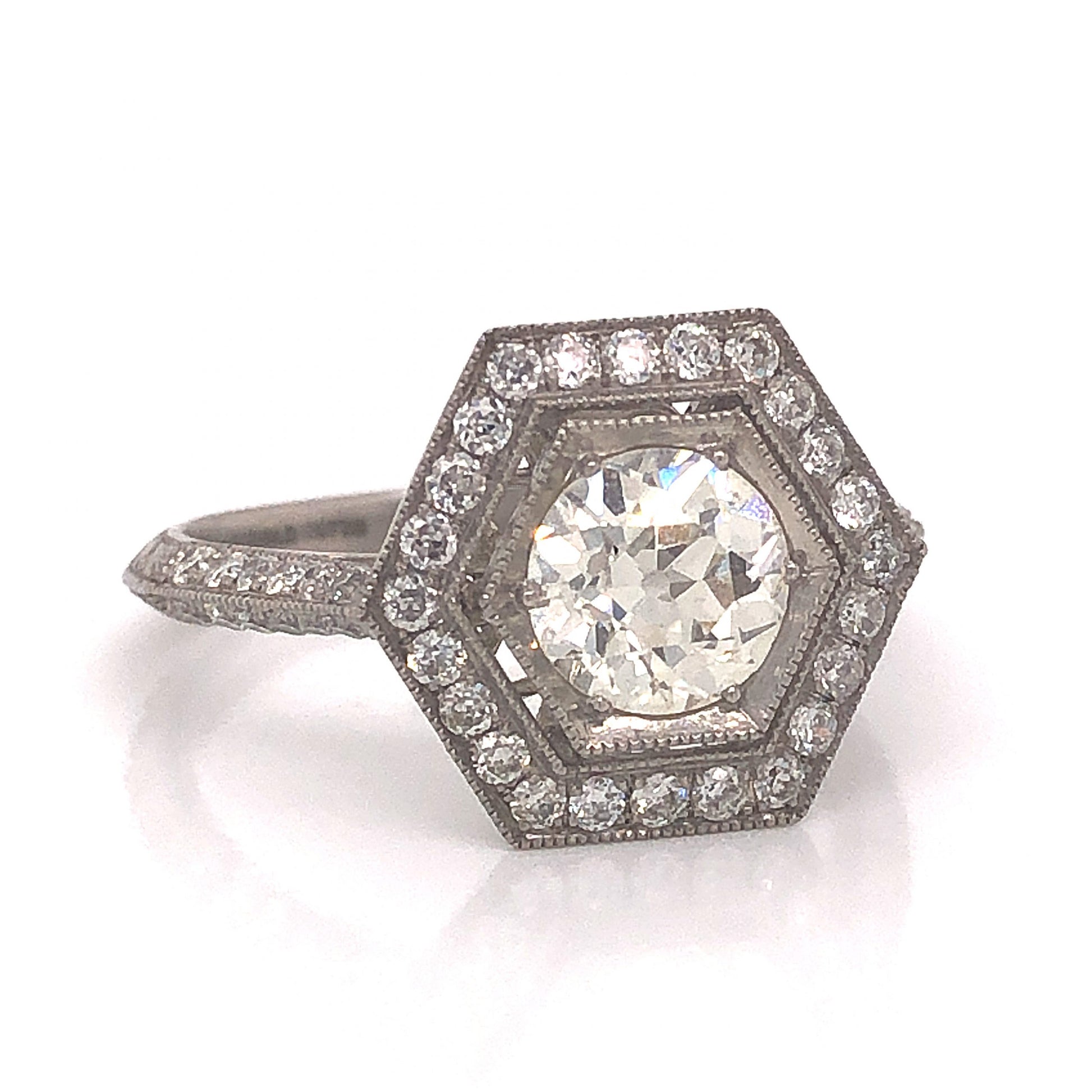 Hexagon Antique Inspired Diamond Engagement Ring in PlatinumComposition: Platinum Ring Size: 6.5 Total Diamond Weight: 1.44ct Total Gram Weight: 4.1 g Inscription: Plat Sophia D.
      