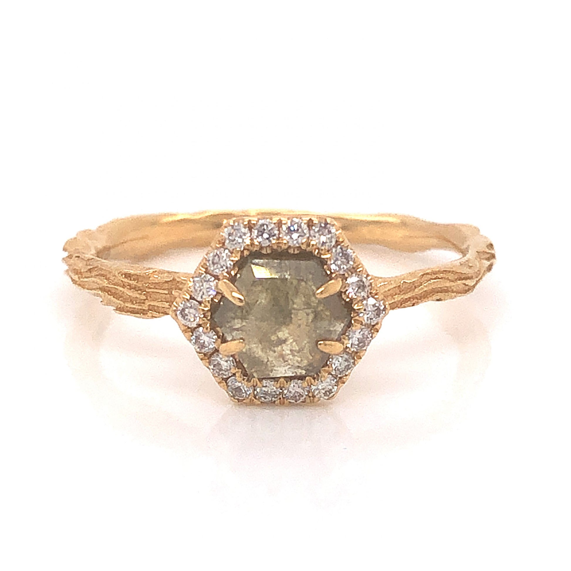 Hexagon Rustic Diamond Engagement Ring in 18k Yellow GoldComposition: 18 Karat Yellow GoldRing Size: 6.5Total Diamond Weight: .69 ctTotal Gram Weight: 2.5 gInscription: JHK 18k 750