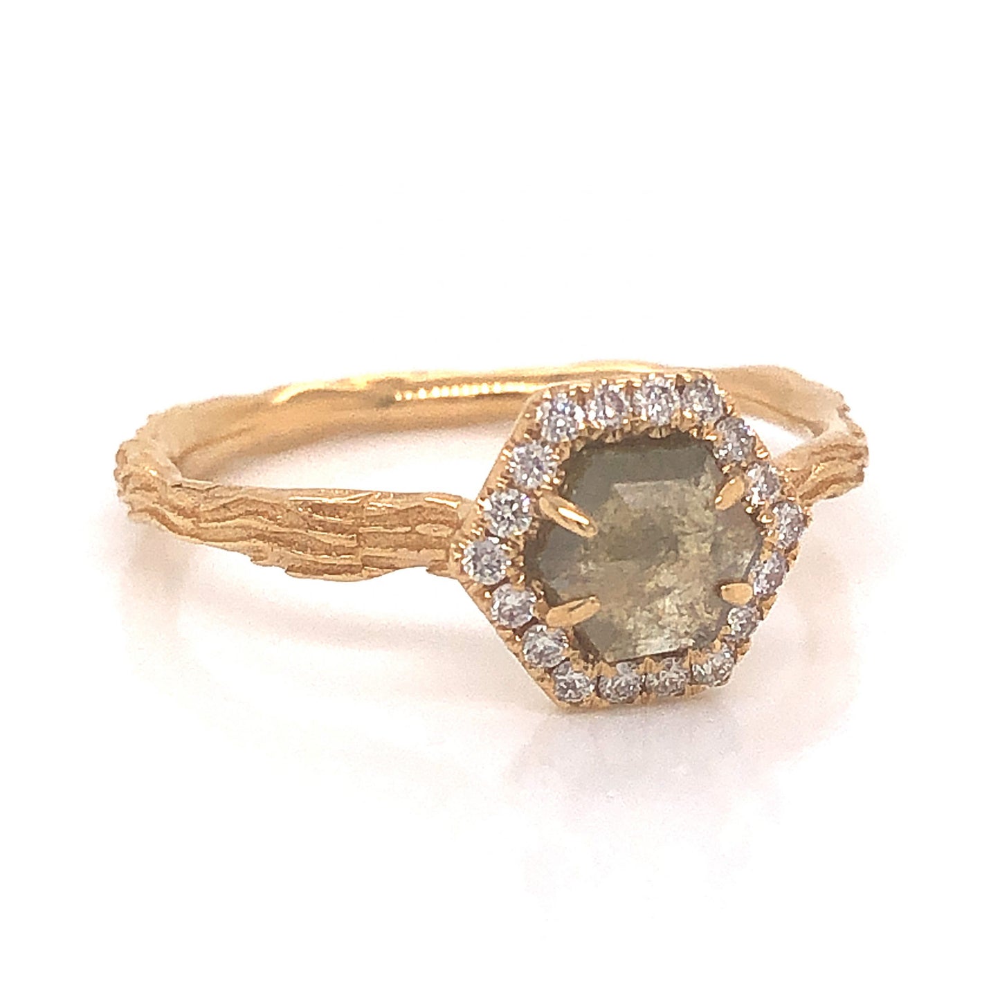 Hexagon Rustic Diamond Engagement Ring in 18k Yellow Gold