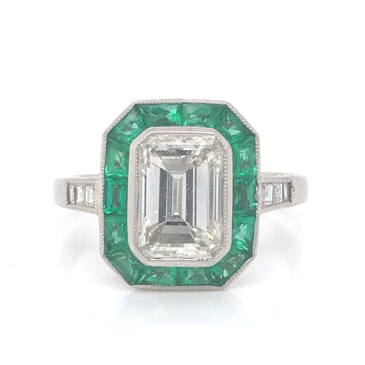 Diamond & French Cut Emerald Halo Engagement Ring in Platinum