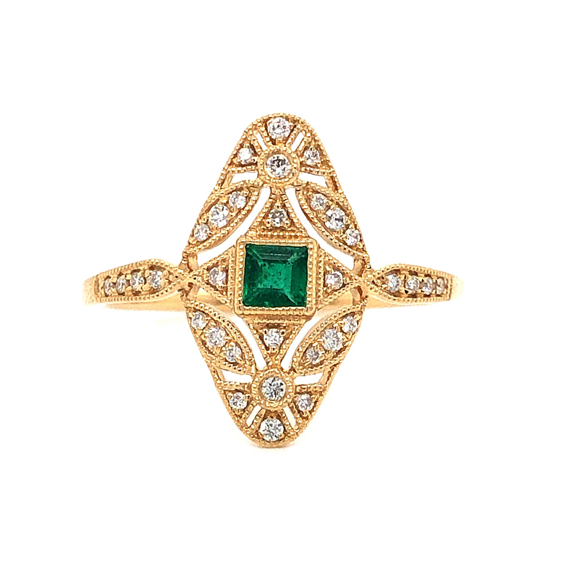 Antique Inspired Emerald & Diamond Ring in 18k Yellow Gold