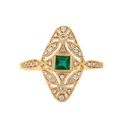 Antique Inspired Emerald & Diamond Ring in 18k Yellow Gold