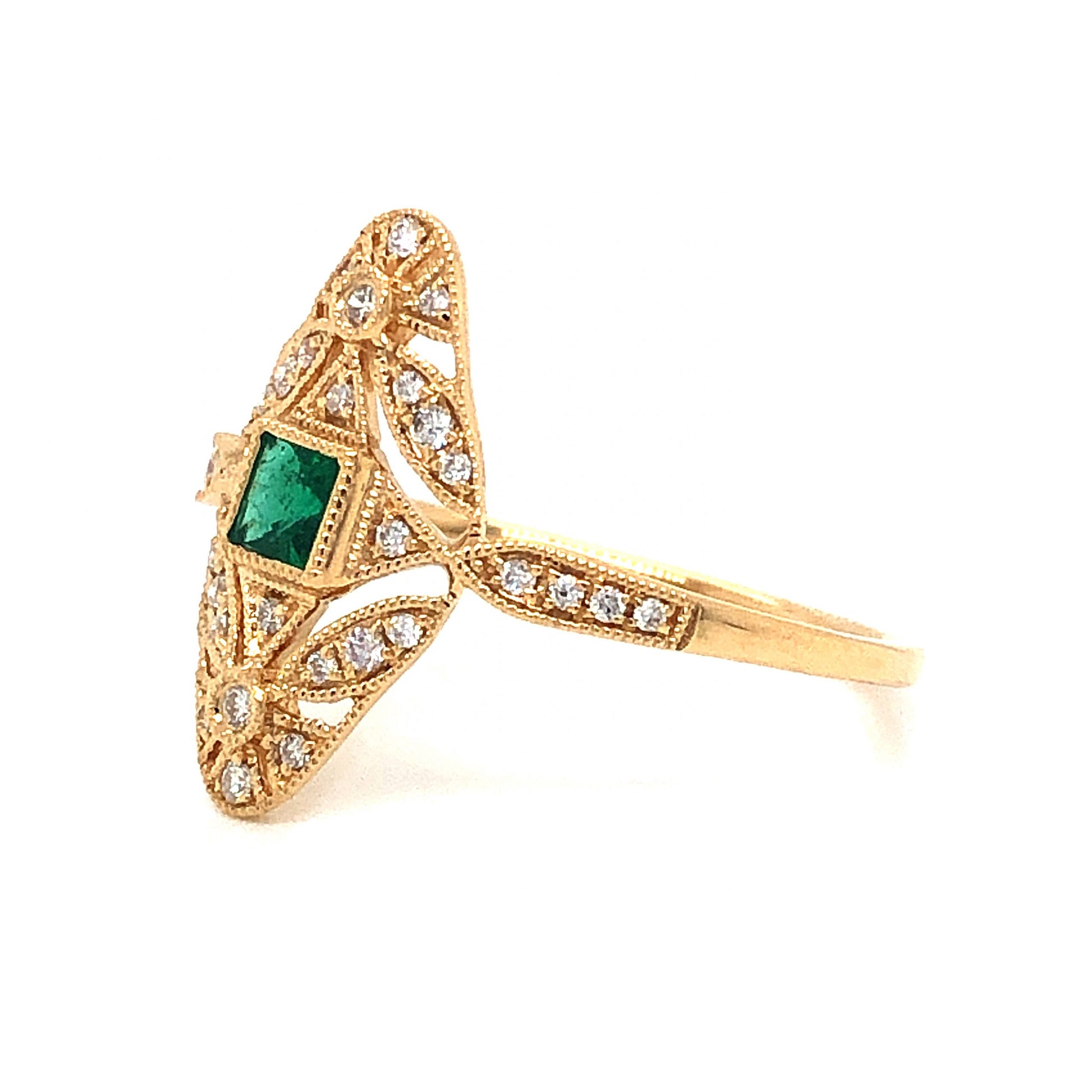 Antique Inspired Emerald & Diamond Ring in 18k Yellow GoldComposition: 18 Karat Yellow GoldRing Size: 6.5Total Diamond Weight: .13 ctTotal Gram Weight: 2.0 gInscription: JHK 18k 750