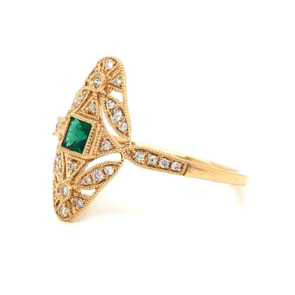 Antique Inspired Emerald & Diamond Ring in 18k Yellow Gold