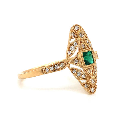 Antique Inspired Emerald & Diamond Ring in 18k Yellow Gold