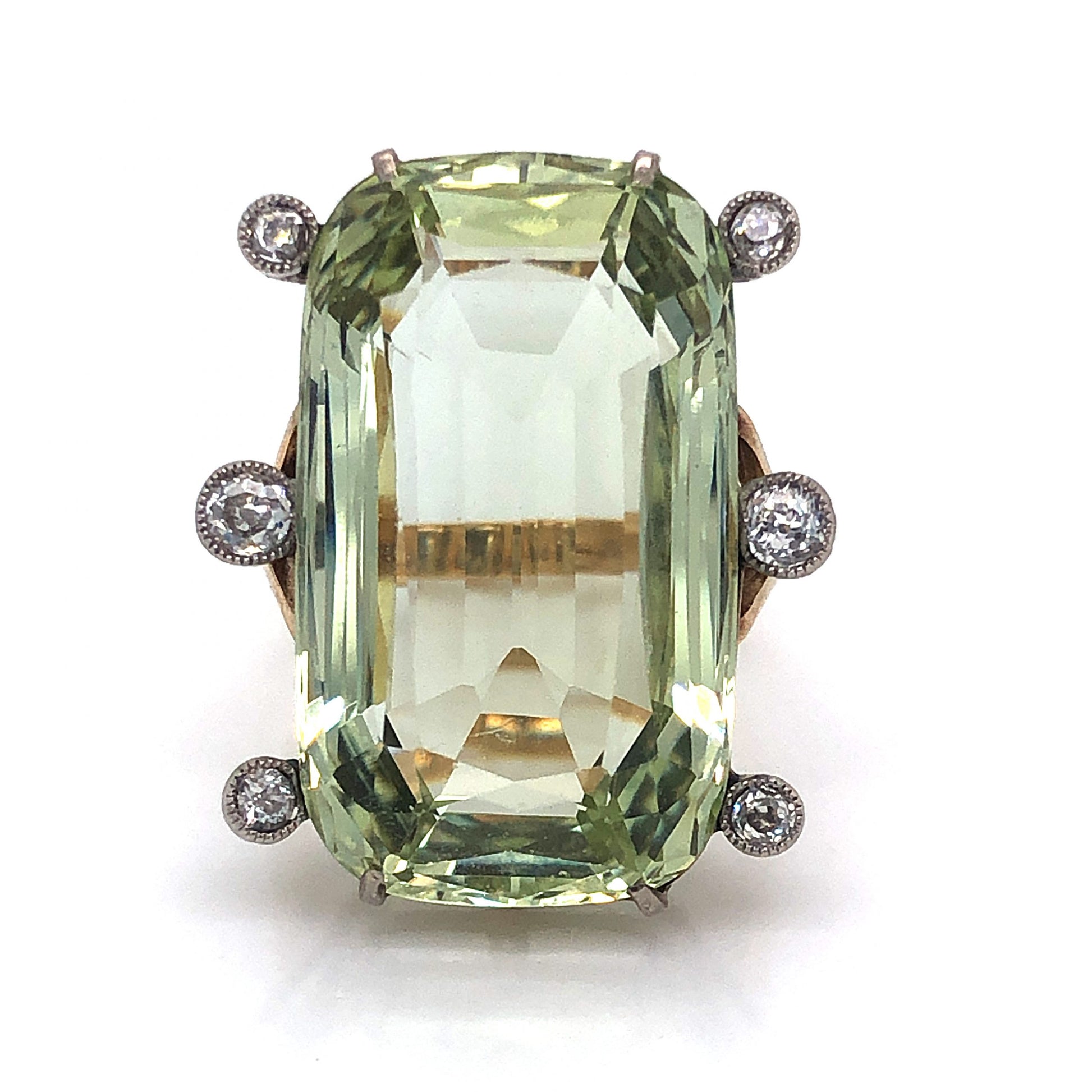 Vintage Green Beryl & Diamond Ring in 14k Yellow GoldComposition: 14 Karat Yellow GoldRing Size: 6Total Diamond Weight: .34 ctTotal Gram Weight: 9.67 gInscription: 14k